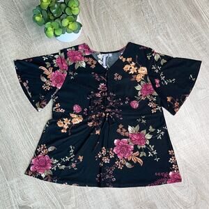 NWT Good Luck Girl Black Pink Floral Kimono Blouse Girl's Size XL